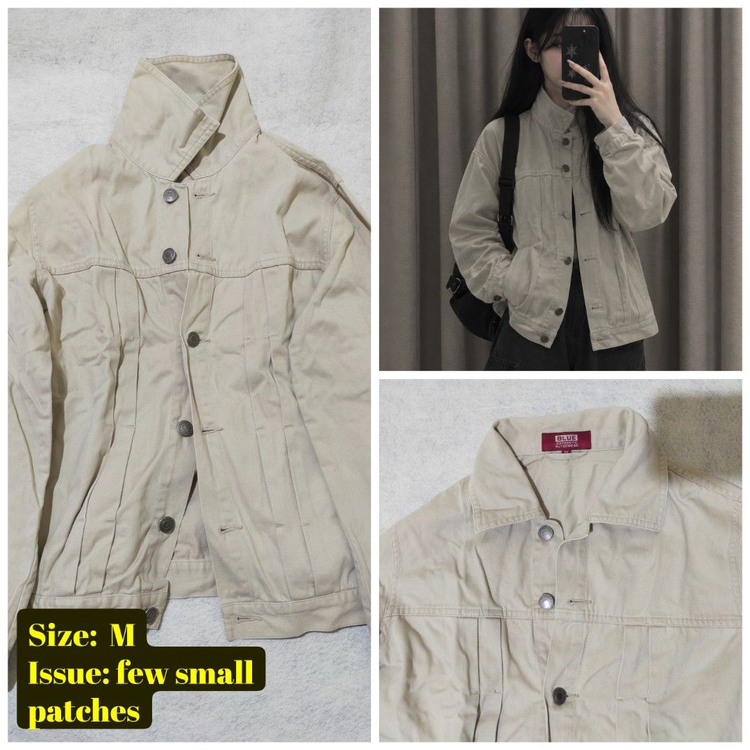 Beige Denim Jacket Size M (Category: Coats, Jackets and Outerwear) located in Santo Tomas. Submitted by zenzenzennaya (Listing ID 1464198266, Image 1). Description: - Beige denim jacket - Size M - Button-up front with collar - Adorned with a few small white patches - Ideal for casual wear - Versatile and easy to style.