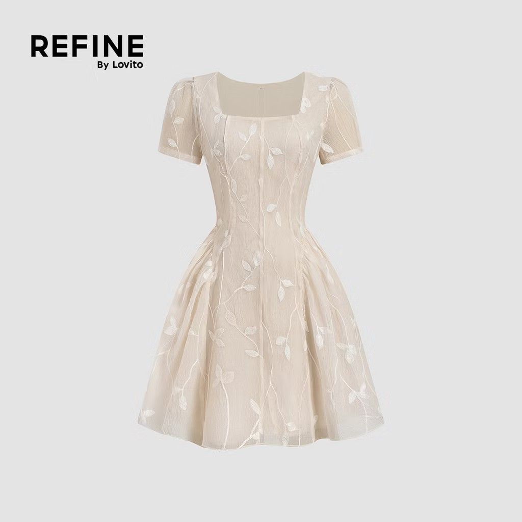Beige Embroidery dress (Category: Dresses) located in Manila. Submitted by carolgaza14 (Listing ID 1464296224, Image 3). Description: It's the Lovito Embroidered Butterfly Organza Mini Dress in Beige / Cream - *Style:* Cottagecore / coquette / fairy dress - *Color:* Off-white / light apricot beige - *Neckline:* Square neck - very flattering sa collarbone - *Sleeves:* Short puff sleeves, slightly sheer organza - *Cut:* Fitted bodice with princess 