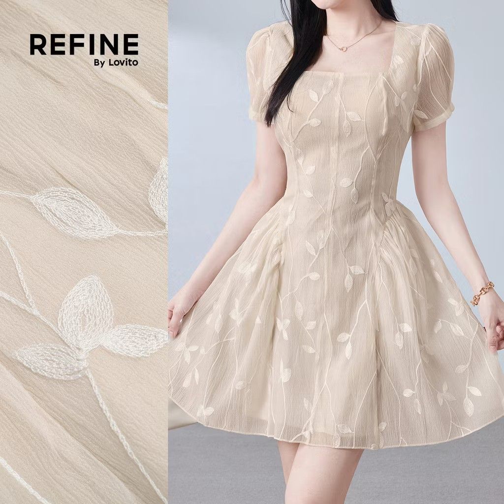 Beige Embroidery dress (Category: Dresses) located in Manila. Submitted by carolgaza14 (Listing ID 1464296224, Image 1). Description: It's the Lovito Embroidered Butterfly Organza Mini Dress in Beige / Cream - *Style:* Cottagecore / coquette / fairy dress - *Color:* Off-white / light apricot beige - *Neckline:* Square neck - very flattering sa collarbone - *Sleeves:* Short puff sleeves, slightly sheer organza - *Cut:* Fitted bodice with princess 