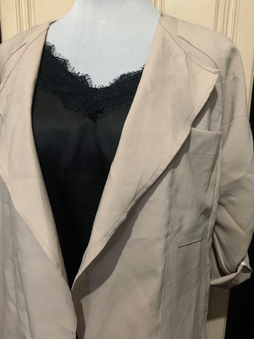 Beige Waterfall Collar Blazer (Category: Coats, Jackets and Outerwear) located in Quezon City. Submitted by clothingline4sale (Listing ID 1464354232, Image 3). Description: Beige Pinkish Blazer Very good condition Brand new with plastic tag Size : Free Size Very nice in actual .