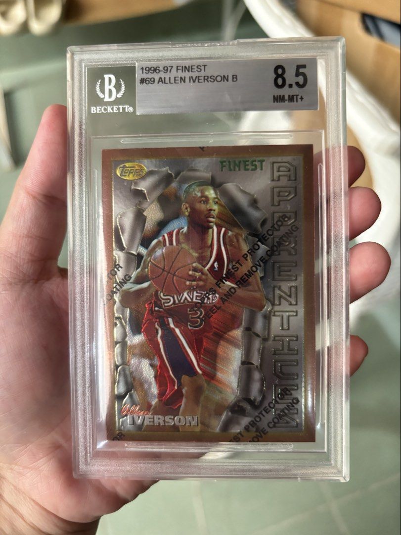 Allen Iverson 69 (Category: Graded Singles) located in Rizal. Submitted by mzreas (Listing ID 1464165740, Image 1). Description: vintage 1996-97 Topps Finest Allen Iverson Rookie Card (#69 Apprentice / Bronze) graded BGS 8.5 NM-MT+ by Beckett. Player: Allen Iverson (Philadelphia 76ers / HOF) • Card: 1996-97 Topps Finest #69 Rookie Card (With Original Protective Film) • Grade: BGS 8.5 (Centering 9.5 | Corners 8.5 | Edges 9 | Surface 8) • Case / Sl