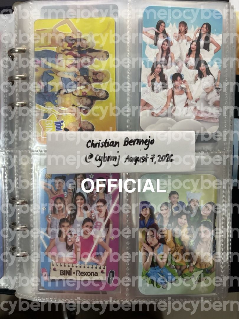 BINI OT8 Official + Unofficial Bundle (Category: K-Wave Merchandise) located in Pasig City. Submitted by cybermejo_ (Listing ID 1462531021, Image 2). Description: - Photos are labelled as to which cards are Official and Unofficial. - SOLD AS SET, no to tingi - Slightly negotiable - Official and Unofficial BINI OT8 photocards collected from various releases and promotions - All cards are kept in protective sleeves - Please check photos for specifi