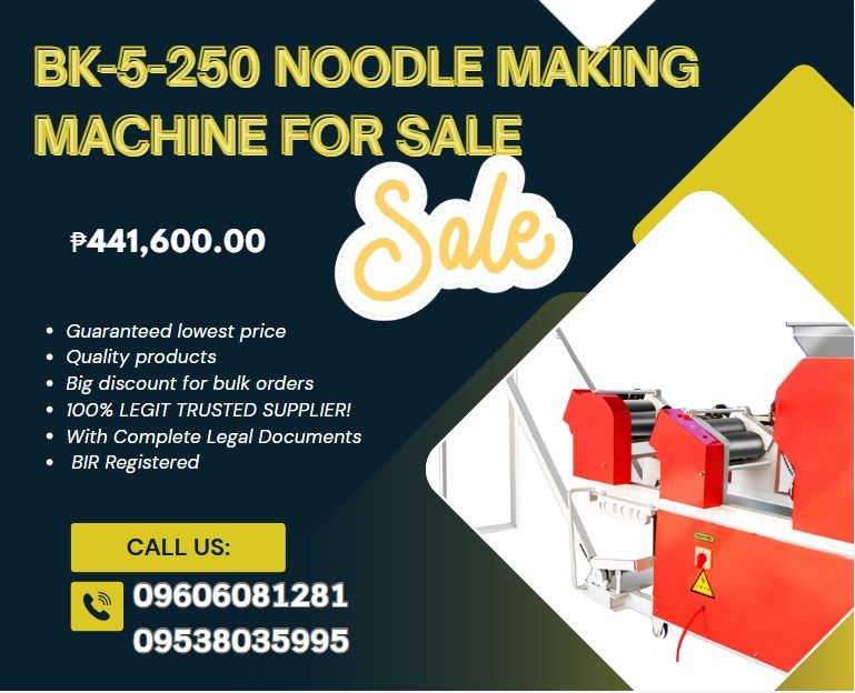 BK-5-250 Noodle making machine FOR SALE (Category: Other Home Appliances) located in Aroroy. Submitted by 09602831019 (Listing ID 1464145726, Image 1). Description: "Roll size:138*250mm ●Capacity:150~170kg/h ●Voltage/Power:220V,3.0KW ●Dimension:1500*650*1370mm ●Machine weight:550kg" .