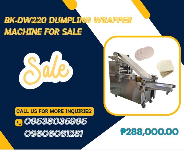 BK-DW220 DUMPLING WRAPPER MACHINE FOR SALE (Category: Home Improvement Tools & Accessories) located in Caloocan City. Submitted by 09263834248 (Listing ID 1464146208, Image 1). Description: "Model:BK-DW220 ●Dimension:1250*550*1050mm ●Weight:240kg ●Sheet width:220mm ●Power:3.0kw ●Voltage:220/380v ●Capacity:140-160 pcs/min" .