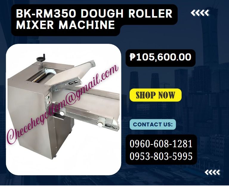 BK-RM350 Dough Roller Mixer MACHINE (Category: Construction Tools & Equipment) located in Caloocan City. Submitted by cosmicstar_f9d177 (Listing ID 1464146657, Image 1). Description: "Dough sheet thickness:5—25mm ●Dough sheet width:350 MM ●roller speed:74r/min ●Rated input power:2.2kw ●Rated voltage:380V 3 phase ●Rated frequency:50Hz ●Motor power:2.2kw ●Waterproof grade:IPX1 ●Machine dimension:1035*650*1065mm ●Machine weight:245kg ●Conveyor belt 