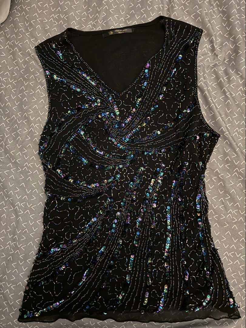 Black Beaded V-Neck Sleeveless Top (Category: Sleeveless) located in Manila. Submitted by deanise_jil (Listing ID 1464233760, Image 1). Description: Vintage Y2K Black Beaded & Sequin Mesh Tank Top (Size S-L, Stretchy) .