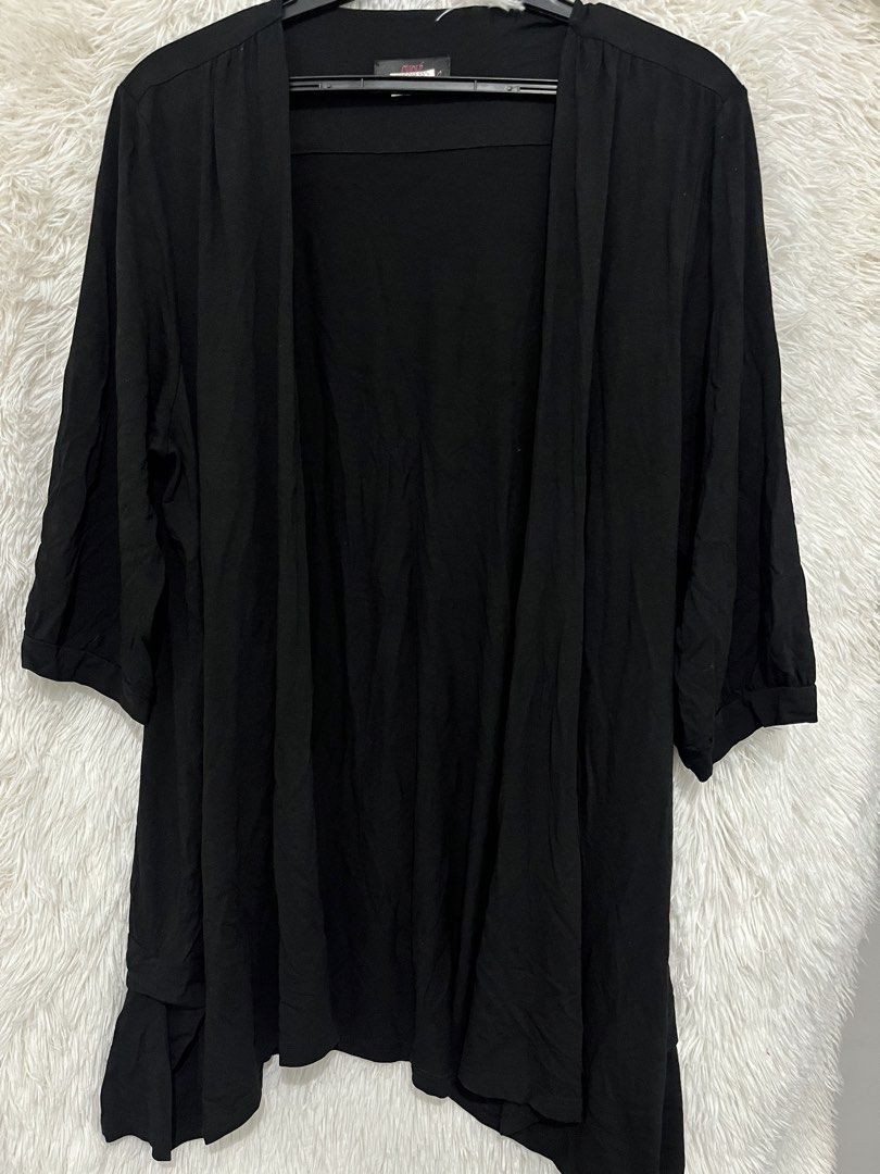 Black Open Front Cardigan (Category: Coats, Jackets and Outerwear) located in Imus. Submitted by nomsthriftshop (Listing ID 1464216684, Image 1). Description: - Black open-front cardigan - 3/4 sleeves - Asymmetrical hemline - Lightweight and drapes beautifully - Ideal for layering and easy styling.