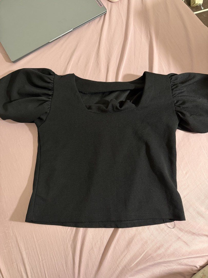 Black Puff Sleeve Square Neck Top (Category: Blouses) located in San Fernando. Submitted by iammaryjoy58877 (Listing ID 1464153129, Image 1). Description: - Textured black top - Square neckline - Puff sleeves - Estimated size S/M - Perfect for dressing up or down.