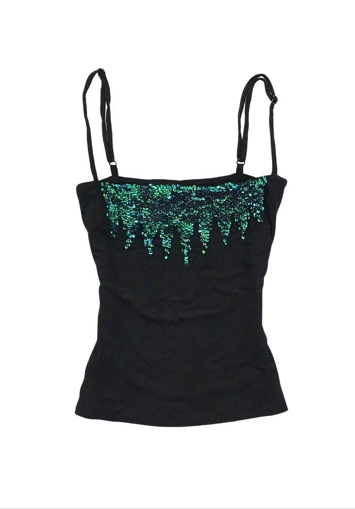 Black Tank Top with Green Sequin Embellishment (Category: Sleeveless) located in Tiaong. Submitted by cdoswan (Listing ID 1464273737, Image 1). Description: -xs to small - Black spaghetti strap tank top - Features a sparkly green sequin design across the bust - Sequins designed to look like dripping icicles - Ideal for night outs or parties - Comfortable and stylish - Adjustable straps for a customized fit - Eye-catching and unique design.
