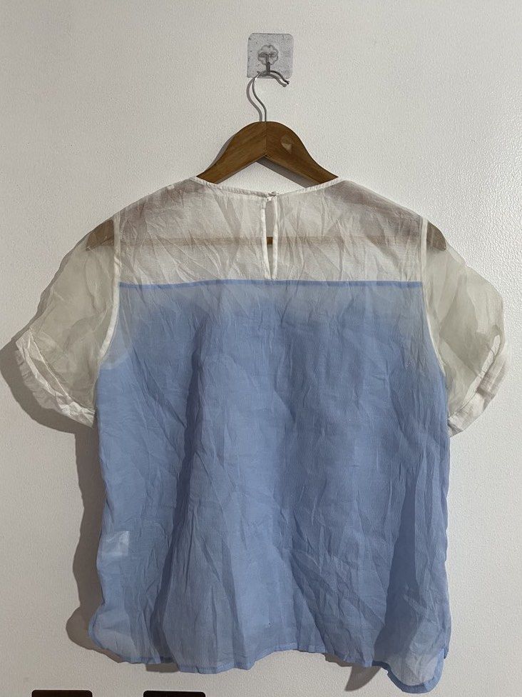 Blue and White Top with Button Details (Category: Blouses) located in Quezon City. Submitted by lizandbelcloset (Listing ID 1464252641, Image 2). Description: Recommended for size M Width - 16.5 inches Length - 18.5 inches ₱99 Very nice in actual.
