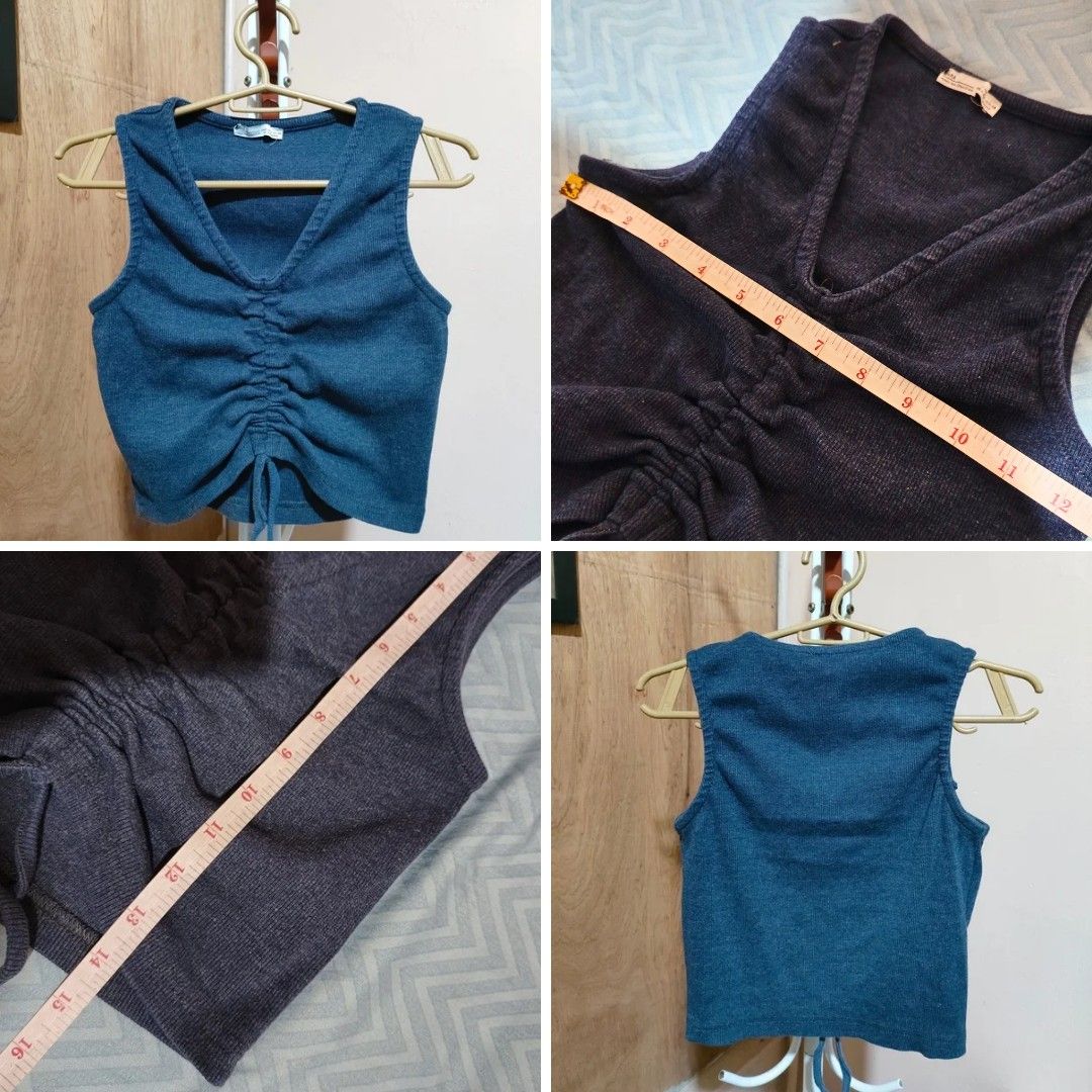 Blue Ribbed Ruched V-Neck Crop Tank Top (Category: Sleeveless) located in Quezon City. Submitted by syayayay (Listing ID 1464064525, Image 3). Description: - Blue ribbed tank top - Flattering V-neck with adjustable drawstring detail - Sleeveless design - Trendy cropped length.