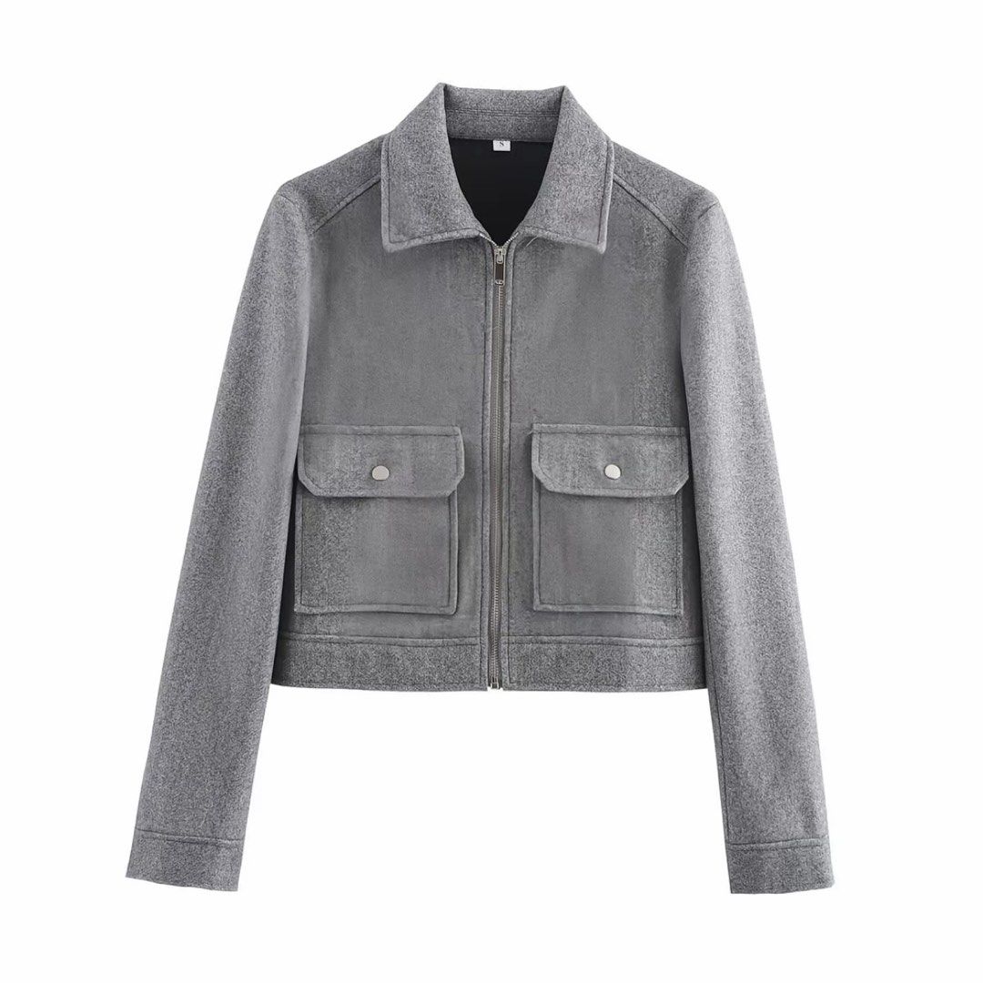 BNNW Grey Cropped Zip-Up Jacket with Pockets (Category: Coats, Jackets and Outerwear) located in Manila. Submitted by jemsnotgem (Listing ID 1464201199, Image 1). Description: bought from tiktok shop for 1k, selling here for half brand new never worn size: Medium (length 51cm, bust 102cm, sleeve length 61cm) rfs: fits weird on me mop: bpi, gcash mod: lala, grab c/o buyer.