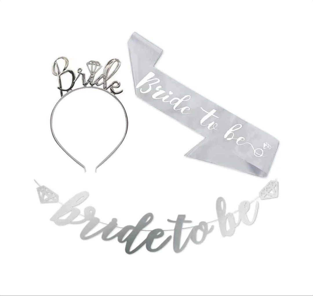Bride to Be Sash Headband & Banner Set (Category: Hair Accessories) located in Quezon City. Submitted by littleparties (Listing ID 1464252762, Image 2). Description: - Bachelorette Party Set - Includes 'Bride to Be' sash - Matching 'Bride to Be' headband - 'Bride to Be' banner for decorations - Available in Silver or Gold - Ideal for Hen's Nights and Bridal Showers.