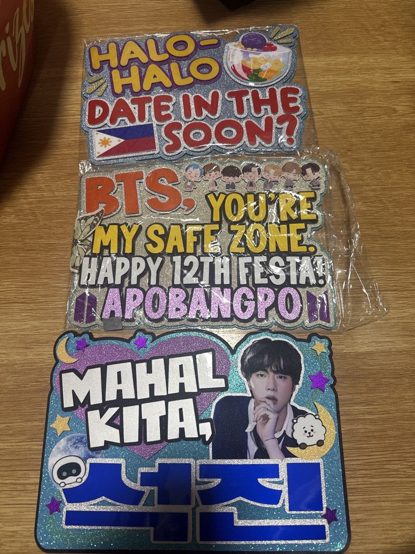 BTS CONCERT BANNERS (Category: Events Tickets) located in Quezon City. Submitted by sbcarrot (Listing ID 1464228791, Image 1). Description: 350 each, 1000php if get all.