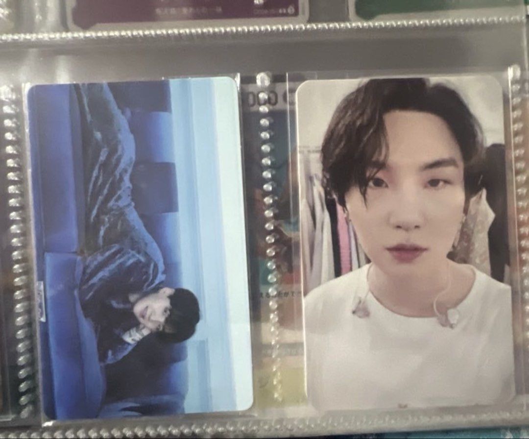 BTS Suga Photocards (Category: K-Wave Merchandise) located in Quezon City. Submitted by lunarshopping (Listing ID 1464332870, Image 1). Description: - Official BTS Suga Photocard - Winter Bear concept (lying on blue couch) - Official BTS Suga Photocard - Butter concept (close-up shot) - Both photocards are official and have been kept safely in a binder. RFS: Declutter Can lower price :).