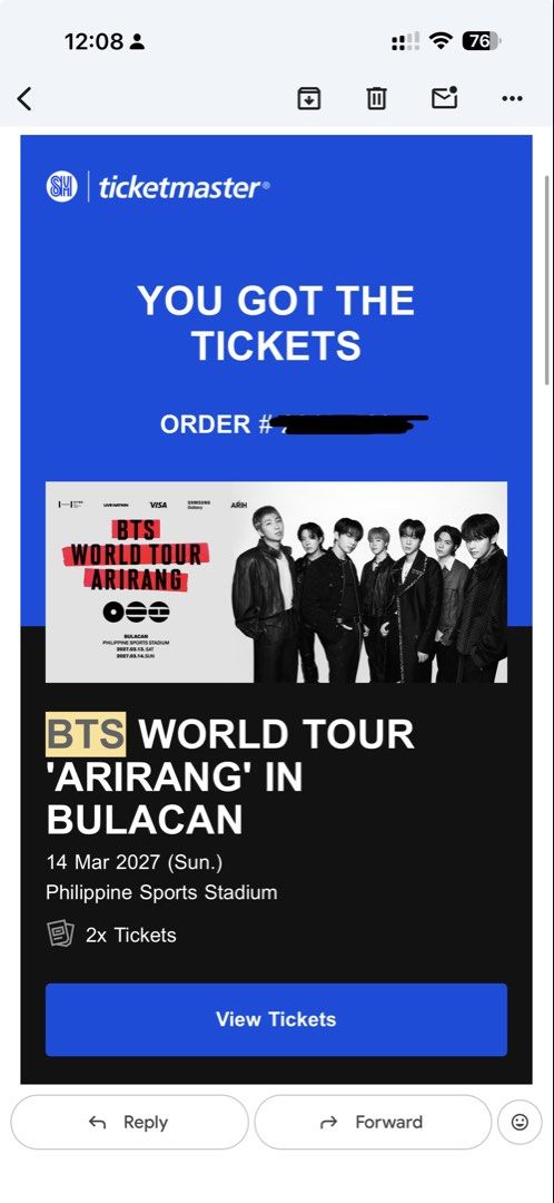 BTS WORLD TOUR ARIRANG - MARCH 14 (Category: Events Tickets) located in Taguig. Submitted by shop.p (Listing ID 1464305377, Image 2). Description: Selling 1 VIP Soundcheck ticket for the BTS World Tour 'Arirang' in Bulacan. Day 2 - March 14, 2027 - Philippine Sports Stadium We will be entering together!! RFS: friend won't be able to go. Srp + online fee + tpa.