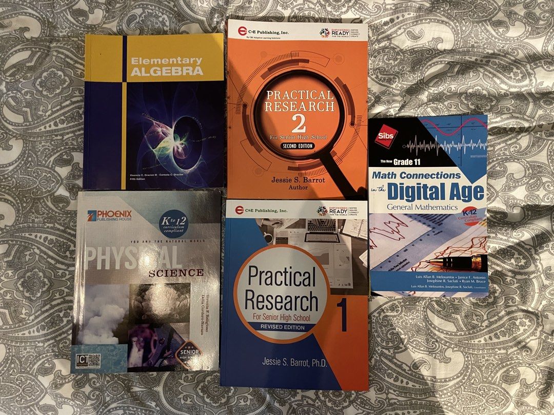 Bundle of 5 High School Textbooks (Category: Textbooks) located in Quezon City. Submitted by dmiguel4207 (Listing ID 1464232644, Image 1). Description: DECLUTTERING Negotiable Price Bundle of 5 Senior High School Textbooks - Includes: Elementary Algebra, Practical Research 1 (2nd Ed), Practical Research 2 (Revised Ed), Physical Science, Math Connections in the Digital Age (General Mathematics) - All books are K-12 Curriculum Compliant - Ideal for