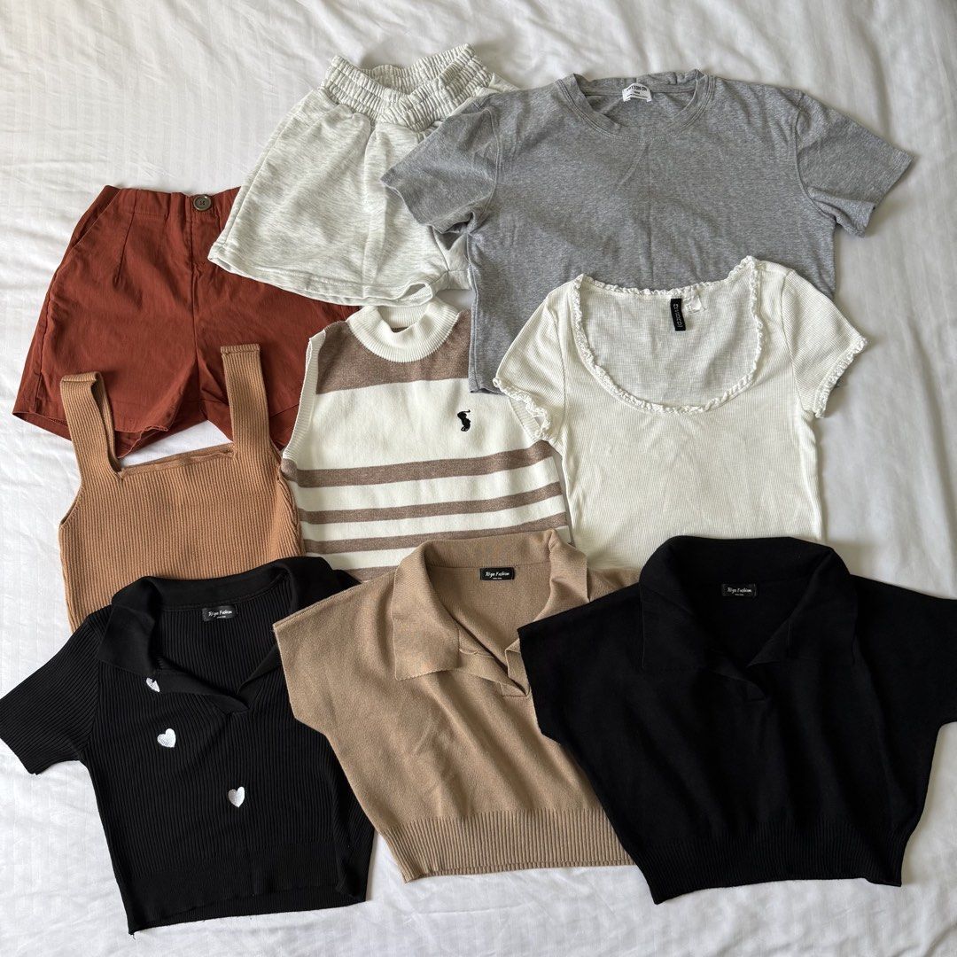 Bundle of Tops and Shorts - Various Styles (Category: Sets or Coordinates) located in Las Pinas. Submitted by purplearmy16 (Listing ID 1464192005, Image 3). Description: - Bundle includes 9 pieces: tops and shorts. - Rust-colored shorts - Light grey shorts - White ribbed tank top - Grey t-shirt - White top with ruffled neckline - Striped knit vest - Black collared top with heart buttons - Beige collared knit top - Black collared knit top - Ideal 