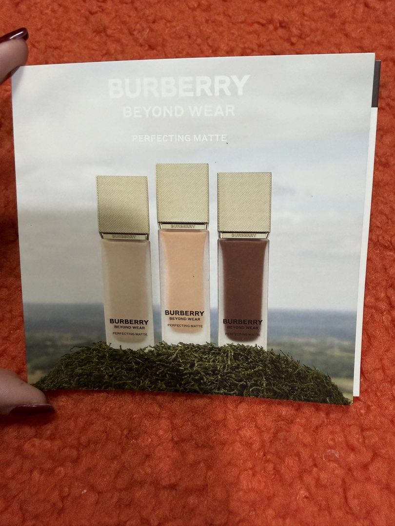 Burberry Beyond Wear Perfecting Matte Foundation Sample Card (Category: Makeup) located in Pasig City. Submitted by closetcleanoutmnl (Listing ID 1464170274, Image 1). Description: - Sample card for Burberry Beyond Wear Perfecting Matte foundation. - Includes shades: 20, 40, 85, 110, 140. - Ideal for testing neutral tones. - Contains ingredients and product details. - Perfect for finding your shade match..