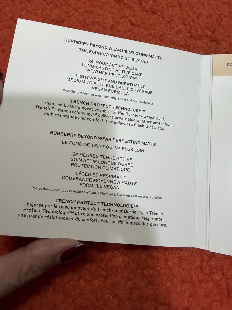 Burberry Beyond Wear Perfecting Matte Foundation Sample Card (Category: Makeup) located in Pasig City. Submitted by closetcleanoutmnl (Listing ID 1464170274, Image 3). Description: - Sample card for Burberry Beyond Wear Perfecting Matte foundation. - Includes shades: 20, 40, 85, 110, 140. - Ideal for testing neutral tones. - Contains ingredients and product details. - Perfect for finding your shade match..