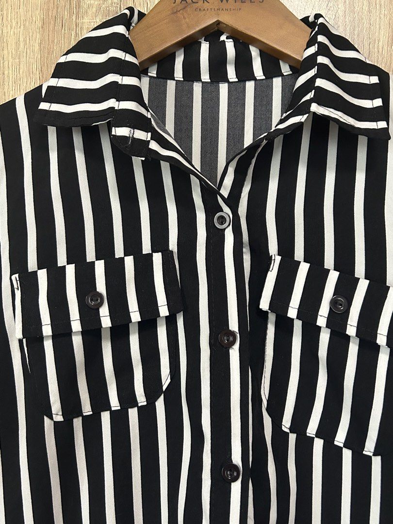 Button Down Shirt (Category: Blouses) located in Bulacan. Submitted by relove.re (Listing ID 1464142109, Image 3). Description: - Stripes black and white blouse - Size XS to S - With buttons oe button down style - Lose shirt and Longsleeves (can be used as 3/4s) with side button.