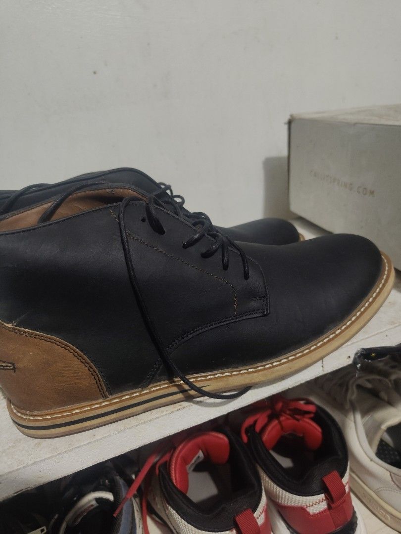 Call It Spring Black Leather Chukka Boots (Category: Boots) located in Cavite. Submitted by rhui_d (Listing ID 1464318301, Image 2). Description: Call It Spring black leather chukka boots with tan suede heel accent. Lace-up, rubber sole. Perfect for casual wear. Includes original box..
