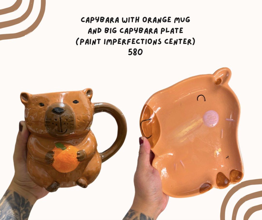 Capybara Mug & Plate set (Category: Dinnerware & Cutlery) located in Pasig City. Submitted by homeyvibesph (Listing ID 1464338416, Image 1). Description: Paint imperfections on Capybara plate, does not affect function.