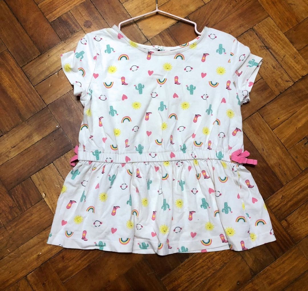 [F] Carter's - Short sleeve peplum top (Category: Babies & Kids Fashion) located in San Juan City. Submitted by ttanmien (Listing ID 1464271695, Image 2). Description: ⚜️✨⚜️✨⚜️✨⚜️✨⚜️✨⚜️ 💁🏻‍♀️SELLING PRICE: ₱100 Original Price: Above ₱1,000 💁🏻‍♀️Size: Width x Length = 17 inch x 23 inch Armpit to armpit (width measurement) Shoulders to bottom (length measurement) Tag size: 5t (May fit kids from 4 years old to 6 years old depending on the child 