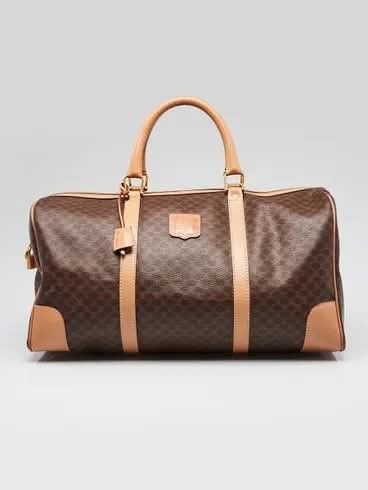 Celine Macadam Monogram Canvas Leather Trimmed Duffle Bag (Category: Luxury Bags & Wallets) located in Manila. Submitted by rufus_apparel (Listing ID 1464299850, Image 1). Description: - Iconic Celine Macadam print duffle bag - Color: Brown canvas with tan leather trim and handles - Features original lock and keys - Equipped with a Swiss-made zipper - Interior shows some signs of wear but is clean - Ideal for weekend getaways or as a carry-on lug