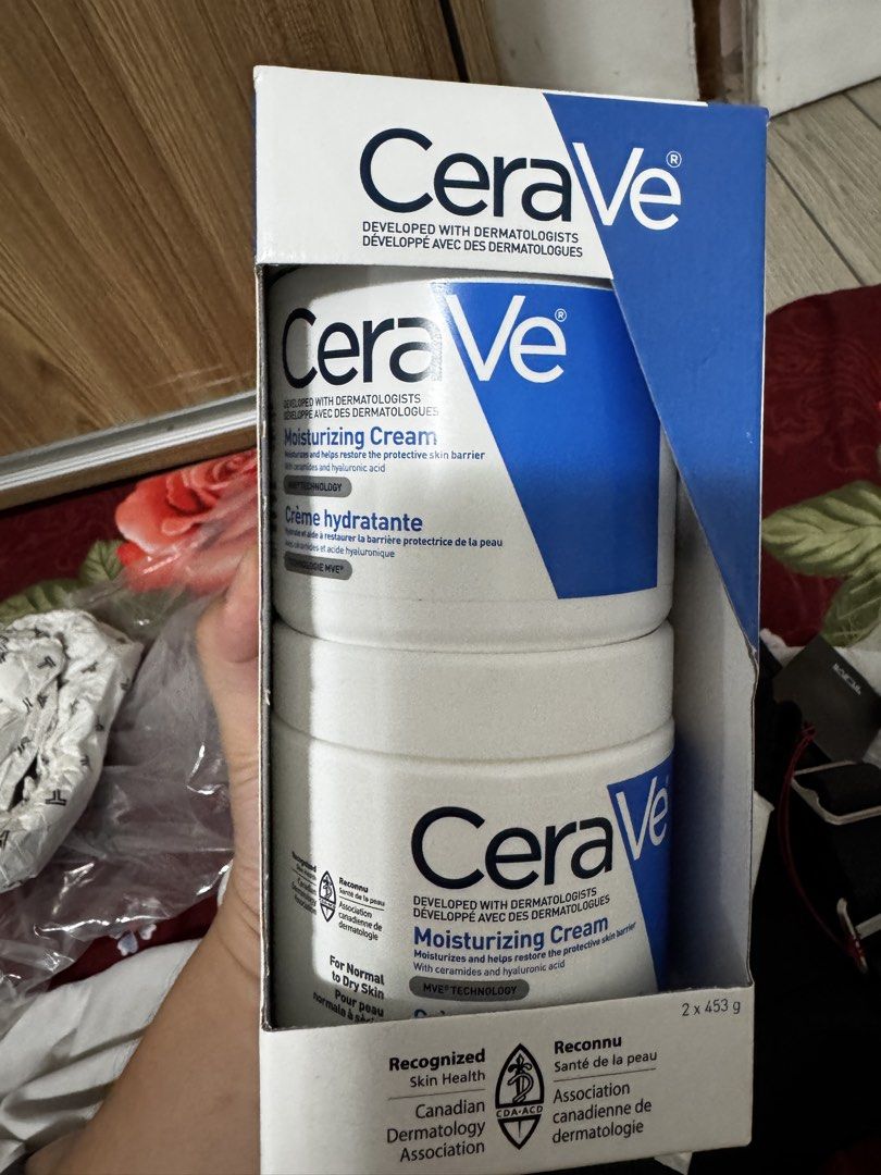 CeraVe Moisturizing Cream 2 x 453g (Category: Face Care) located in Manila. Submitted by hotforecast (Listing ID 1464304963, Image 1). Description: - 2 Tubs of CeraVe Moisturizing Cream (453g each) - Ideal for Normal to Dry Skin - Helps Restore and Protect Skin Barrier - Enriched with Ceramides and Hyaluronic Acid - Developed with Dermatologists.