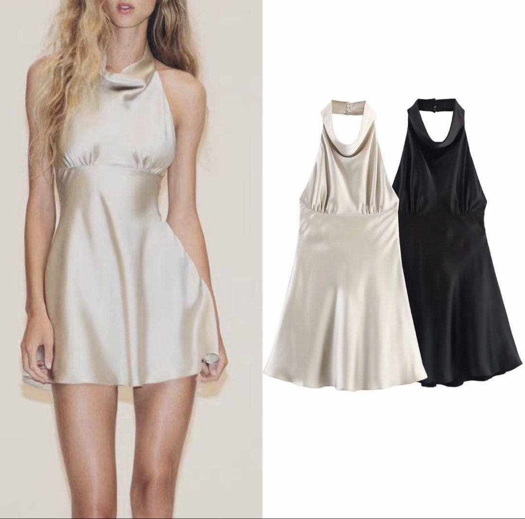 Champagne Satin Halter Dress (Category: Dresses) located in Valenzuela. Submitted by _ellexx (Listing ID 1464198392, Image 1). Description: Brand new, never worn. Elegant champagne satin halter dress. Features V-neck front, tie-back bow detail, and flowy hem. Size: Small Waist: 68cm Length: 79cm Color: Champagne Material: Polyester Length: Above knee Care: Machine washable Suitable for all seasons Simple and classy — just haven’t had the chance t