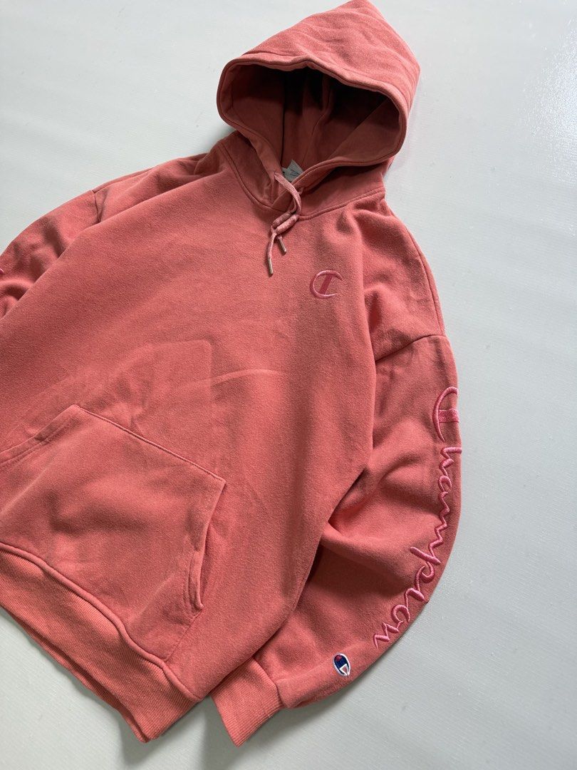 CHAMPION PINK PULL OVER HOODIE JACKET (Category: Coats, Jackets and Outerwear) located in Cavite. Submitted by chooseyouroutfit (Listing ID 1464301385, Image 3). Description: CHAMPION PULL OVER HOODIE JACKET Full embroid Tight ribbings Ganda ng kulay Length - 24.5 Width - 23 Excellent condition Check detailed pictures .