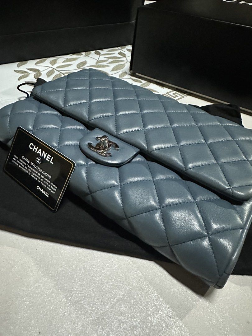 Chanel Quilted Flap Bag Light Blue Leather (Category: Luxury Bags & Wallets) located in Quezon City. Submitted by thehappyjournalmom (Listing ID 1464215817, Image 1). Description: - Authentic Chanel flap bag (Lamb Skin) - Color: Light blue - Material: Quilted leather - Hardware: Silver - Includes: Authenticity card, dust bag and paperbag - Features: Multiple interior compartments - Versatile: Suitable for day or night use.