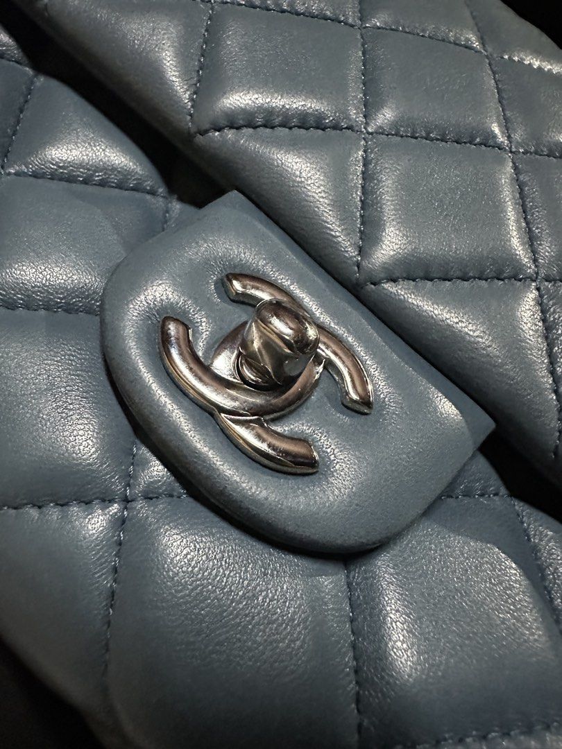 Chanel Quilted Flap Bag Light Blue Leather (Category: Luxury Bags & Wallets) located in Quezon City. Submitted by thehappyjournalmom (Listing ID 1464215817, Image 2). Description: - Authentic Chanel flap bag (Lamb Skin) - Color: Light blue - Material: Quilted leather - Hardware: Silver - Includes: Authenticity card, dust bag and paperbag - Features: Multiple interior compartments - Versatile: Suitable for day or night use.