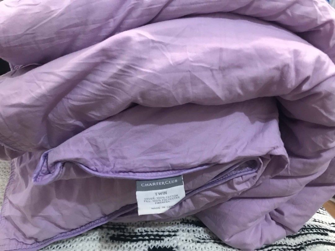 Charter Club Twin Comforter - Lavender (Category: Bedding & Towels) located in Imus. Submitted by stop_shop7 (Listing ID 1464170377, Image 2). Description: - Brand: Charter Club - Size: Twin - Color: Lavender - Cover Material: 100% Cotton - Fill Material: 100% Polyester Fiberfill - Features: Soft, comfortable, adds a pop of color to your bedroom.