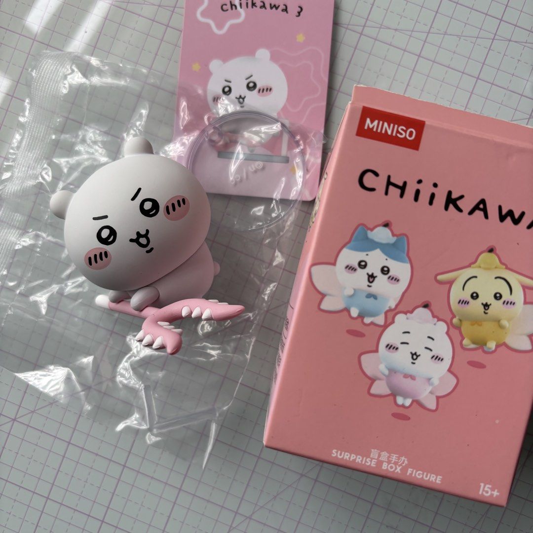Chiikawa Miniso Blindbox Figure (Category: Designer & Blind Box Toys) located in Quezon City. Submitted by jellygerms (Listing ID 1464274129, Image 1). Description: Authentic Miniso Chiikawa Blindbox Figure Chiikawa • UNSEALED FOIL, with box and card • Opened for photos Payment Method: Gcash QR Delivery Method: SDD or Courier (J&T) Note: Shipment via courier during Wed/Fri.