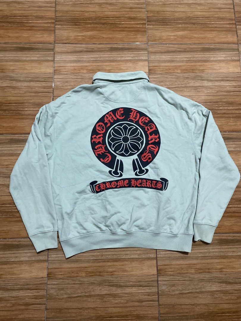 Chrome Hearts Quarter Zip Sweatshirt Medium (Category: Coats, Jackets and Outerwear) located in Baguio. Submitted by arenzu (Listing ID 1464302873, Image 2). Description: - Light green Chrome Hearts quarter zip sweatshirt - Iconic Chrome Hearts logo on front and back - Size: Medium - Made in Bangladesh - Ideal for casual wear.