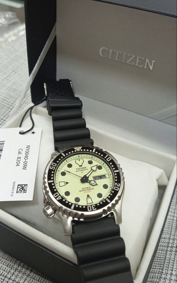 Citizen Promaster NY0040-09W (Category: Water Sports) located in Manila. Submitted by seikowatchfactory (Listing ID 1464174018, Image 1). Description: Model: NY0040-09W Price: 13995 pesos Specifications: Brand: Citizen Promaster Marine Collection Automatic Japanese Movement Case Diameter: 42mm Case Thickness: 12mm Lug width: 20mm Clasp: Fold Over with Safety Release Stainless Steel Case Stainless Steel Bracelet Day and Date display Screw Down Cro