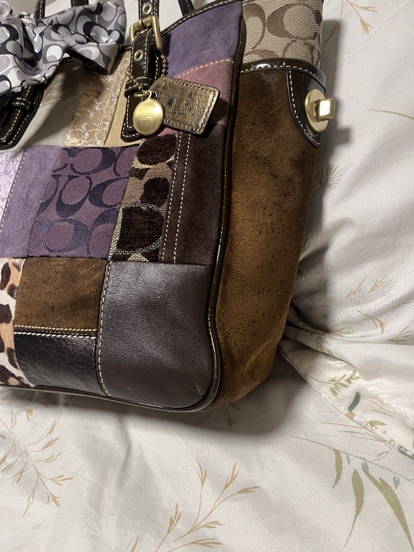 Coach Patchwork Tote Bag with Scarf Accent (Category: Tote Bags) located in Cabanatuan. Submitted by designerdepot.c (Listing ID 1464256877, Image 2). Description: - Authentic Coach patchwork tote bag - Unique mix of signature C print, suede, patent leather, and animal print panels - Elegant gold hardware with secure turn-lock closure - Comes with a stylish Coach scarf tied to the handle - Shows some signs of wear on the suede, as pictured.