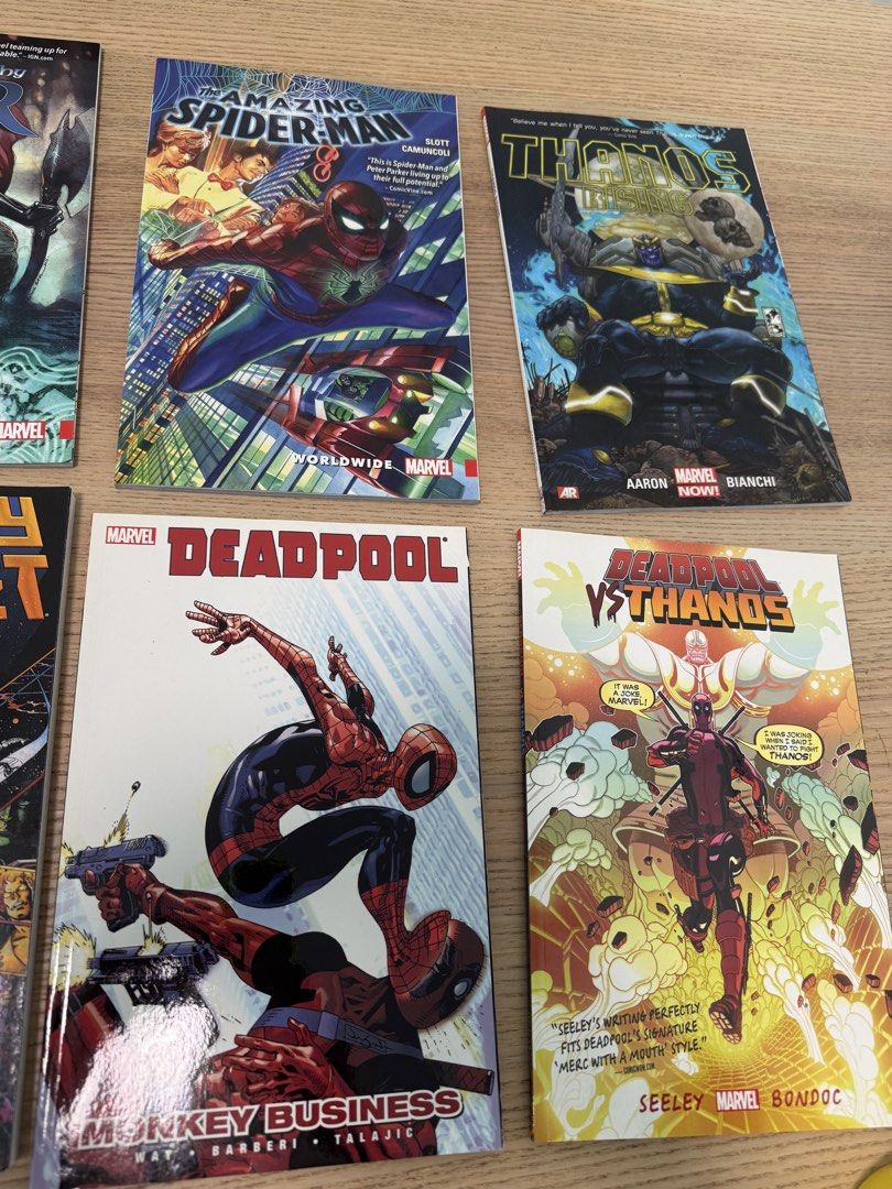 Comic Book Bundle (Category: Comics & Manga) located in Singapore. Submitted by clutterplanet (Listing ID 1464184909, Image 3). Description: Selling a collection of Marvel graphic novels. Includes Black Panther: The Complete Collection, The Unworthy Thor, The Amazing Spider-Man, The Infinity Gauntlet, Deadpool vs. Thanos, and Deadpool: Monkey Business. Great reads for any Marvel fan. $25 each $80 for all.