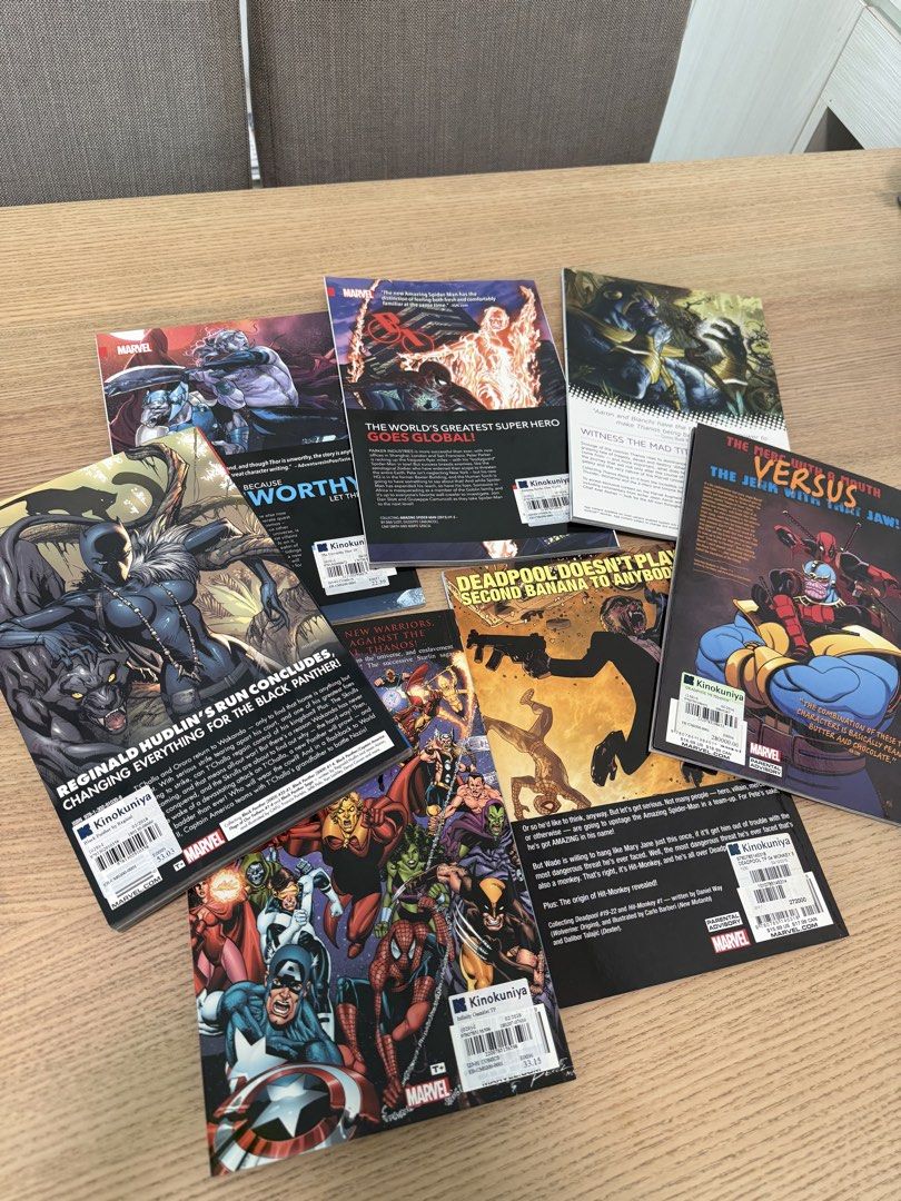 Comic Book Bundle (Category: Comics & Manga) located in Singapore. Submitted by clutterplanet (Listing ID 1464184909, Image 4). Description: Selling a collection of Marvel graphic novels. Includes Black Panther: The Complete Collection, The Unworthy Thor, The Amazing Spider-Man, The Infinity Gauntlet, Deadpool vs. Thanos, and Deadpool: Monkey Business. Great reads for any Marvel fan. $25 each $80 for all.