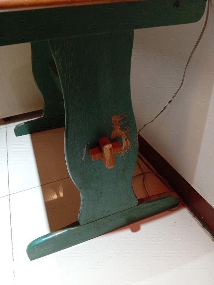 Compact 2-Seater Dining Table (Table Only) (Category: Tables & Sets) located in Pasig City. Submitted by karenderya (Listing ID 1464190529, Image 3). Description: - Compact dining or study table - Table: Light wood top, green legs - Note: Minor scratches present on table and legs.