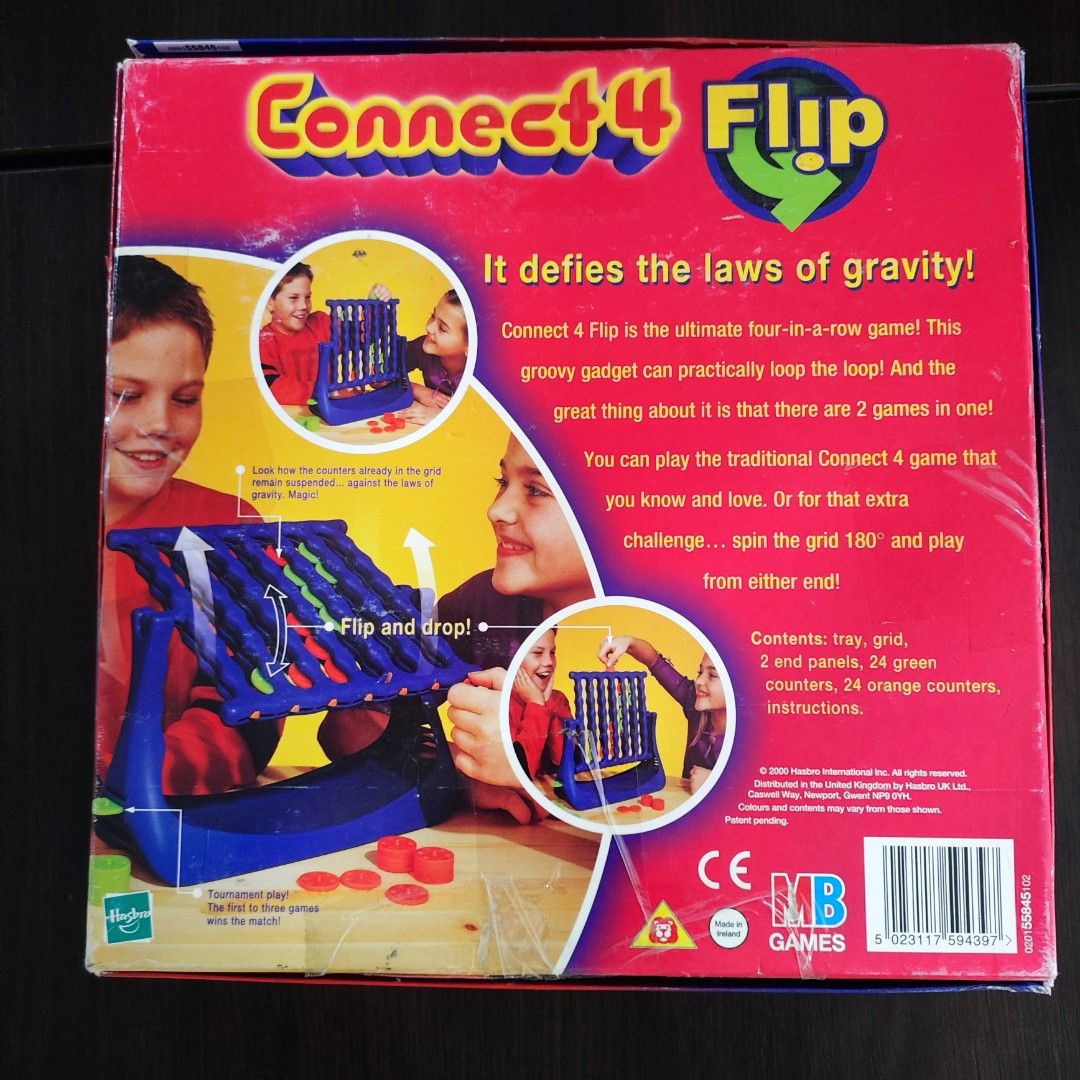 Connect 4 Flip (Category: Board Games & Puzzles) located in Davao. Submitted by AyenStark (Listing ID 1464202614, Image 3). Description: This is a twist on the old connect four game. The playing grid can be flipped 180 degrees on your turn so you can start filling up from the bottom (top). The pieces already in the grid remain in the locations and don't slide down. -bgg COMPLETE. with extra pcs. no separate manual. box is in good condition , with