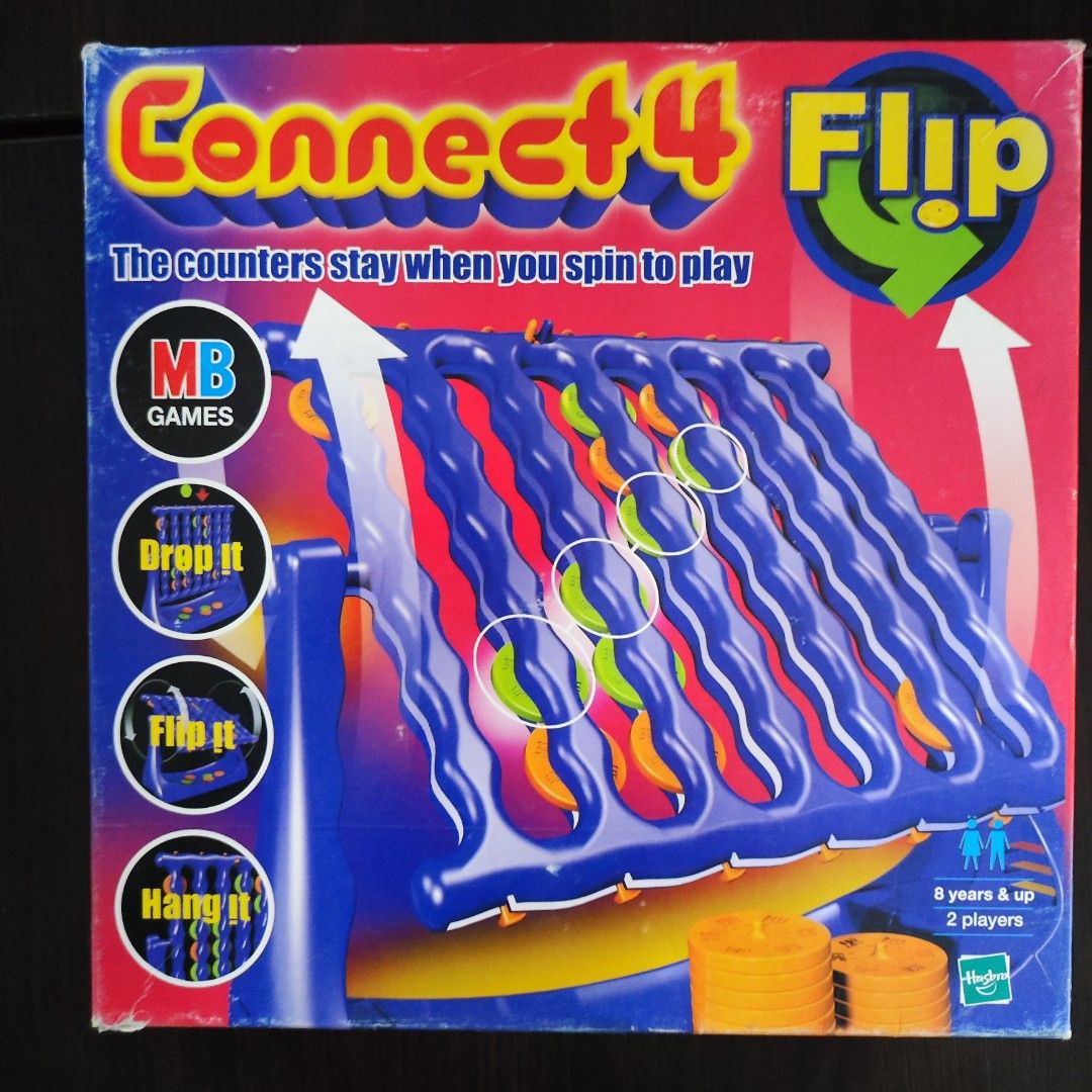 Connect 4 Flip (Category: Board Games & Puzzles) located in Davao. Submitted by AyenStark (Listing ID 1464202614, Image 1). Description: This is a twist on the old connect four game. The playing grid can be flipped 180 degrees on your turn so you can start filling up from the bottom (top). The pieces already in the grid remain in the locations and don't slide down. -bgg COMPLETE. with extra pcs. no separate manual. box is in good condition , with