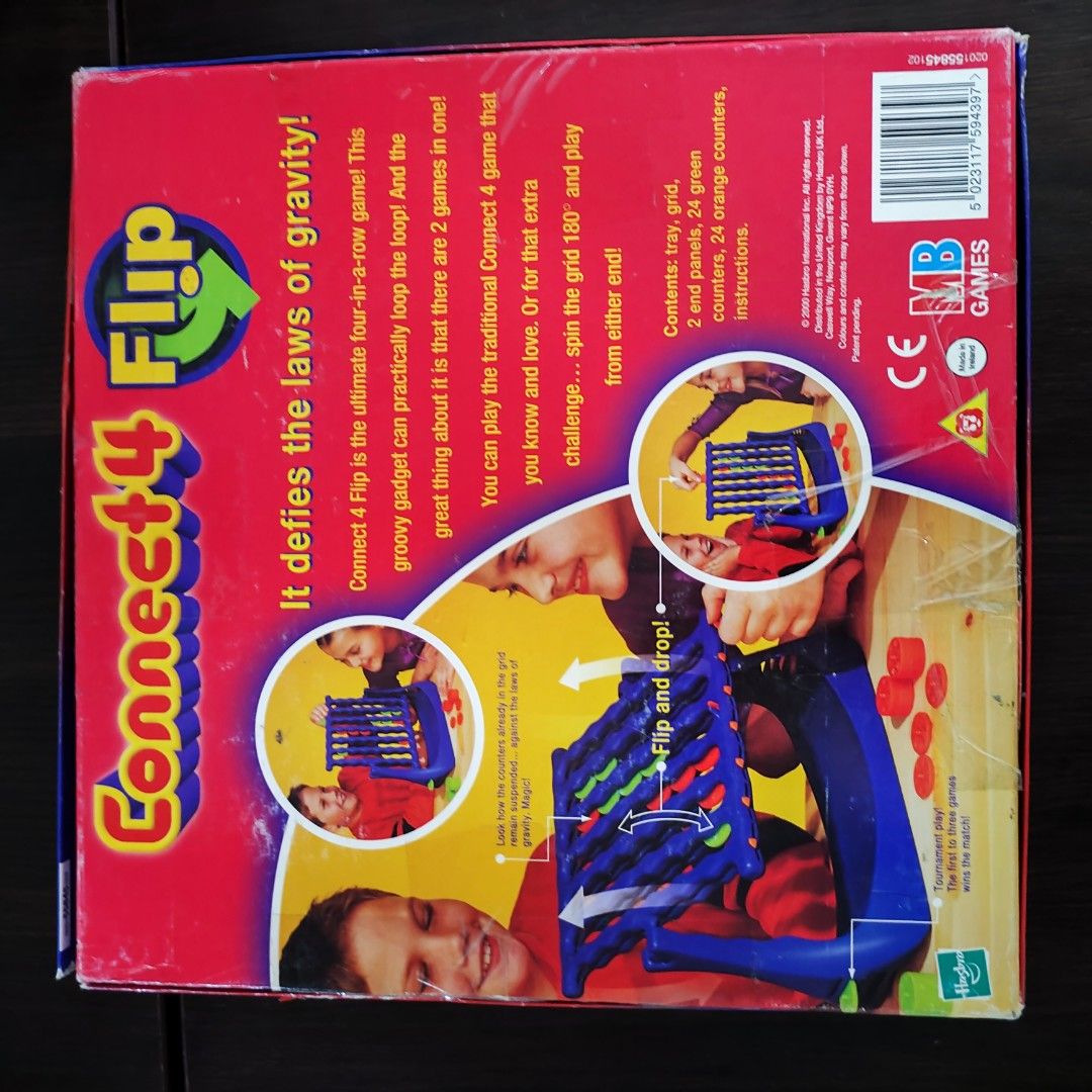 Connect 4 Flip (Category: Board Games & Puzzles) located in Davao. Submitted by AyenStark (Listing ID 1464202614, Image 2). Description: This is a twist on the old connect four game. The playing grid can be flipped 180 degrees on your turn so you can start filling up from the bottom (top). The pieces already in the grid remain in the locations and don't slide down. -bgg COMPLETE. with extra pcs. no separate manual. box is in good condition , with
