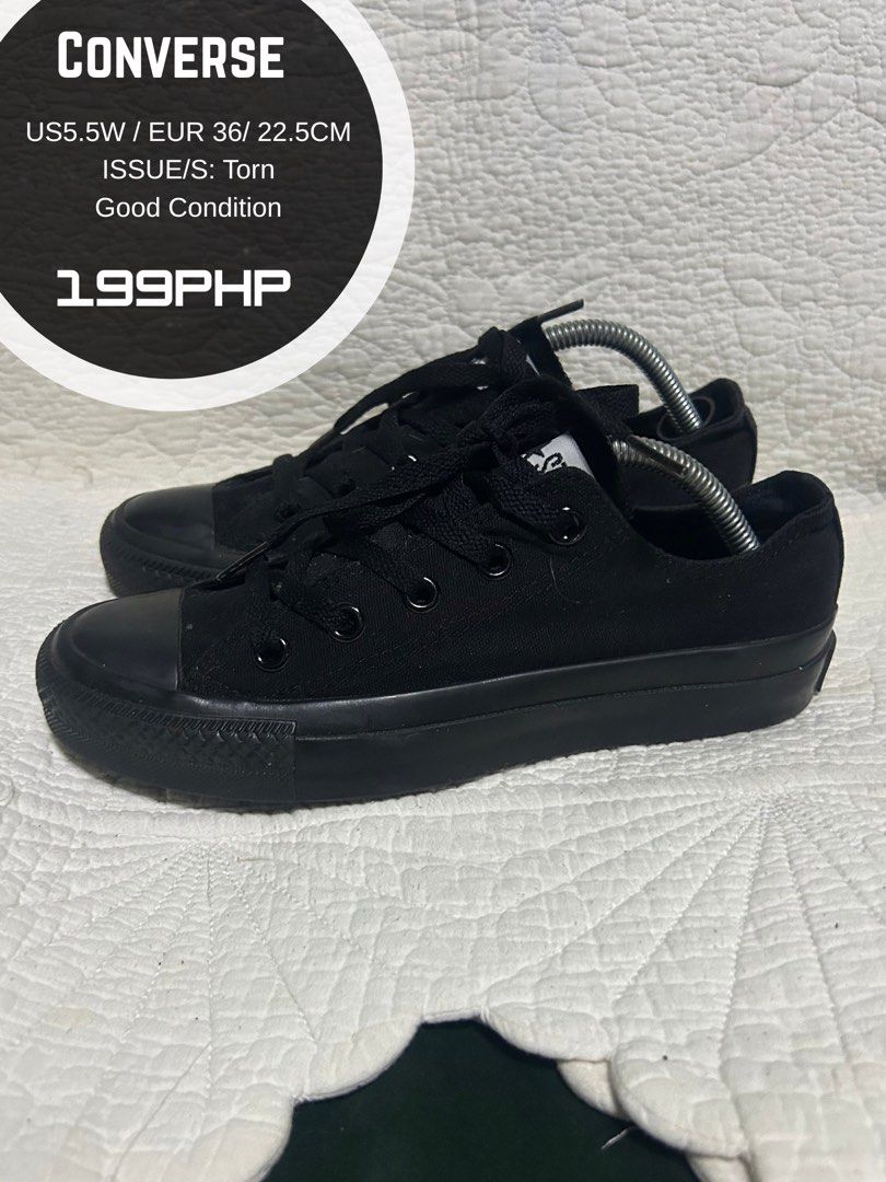 Converse All Star Black Low Top Sneakers (Category: Sneakers) located in Malaybalay. Submitted by thrifturessential (Listing ID 1464279876, Image 1). Description: - Classic black Converse low tops - Size: US 5.5W / EUR 36 / 22.5CM - A great, wearable staple piece for any wardrobe.