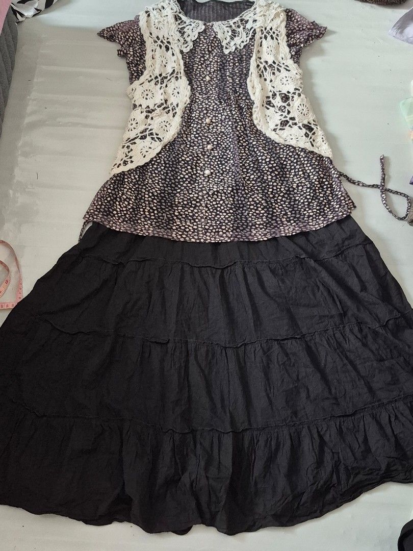 Cottagecore Morikei 3in1 Set (Category: Sets or Coordinates) located in Calamba. Submitted by bb.lace (Listing ID 1464206450, Image 2). Description: mini dress has few missing decorative buttons peeling synthetic leather belt.