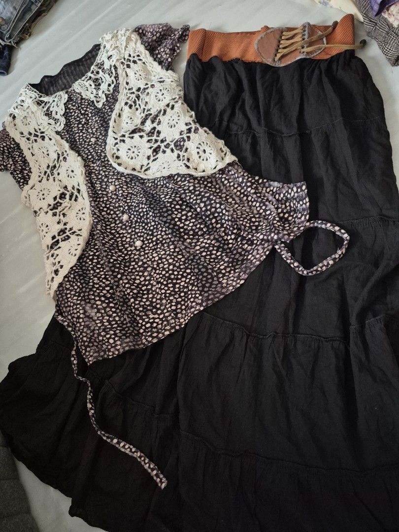 Cottagecore Morikei 3in1 Set (Category: Sets or Coordinates) located in Calamba. Submitted by bb.lace (Listing ID 1464206450, Image 1). Description: mini dress has few missing decorative buttons peeling synthetic leather belt.