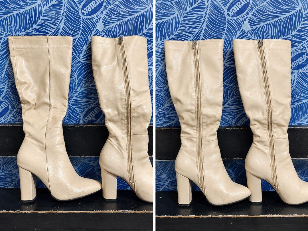 Cream Knee-High Block Heel Boots (Category: Boots) located in Manila. Submitted by bekind_13 (Listing ID 1464238904, Image 1). Description: - Cream colored knee-high boots - Easy side zipper closure - Comfortable chunky block heel - Highly versatile cream color - Perfect for dressing up or down ORIGINAL PRICE 1500+ May konting flaws, barely UNNOTICEABLE. SIZE 36-38.