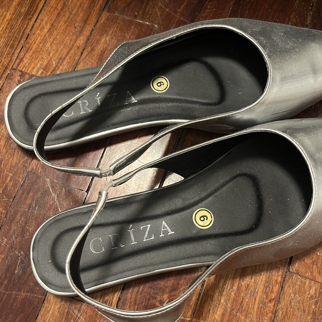 CRIZA Silver Slingback Flats Size 6 (Category: Flats & Sandals) located in Las Pinas. Submitted by thevallerys (Listing ID 1464203945, Image 2). Description: - CRIZA Silver Slingback Flats - Size: 6 - Design: Pointed toe - Features: Elastic strap at the back for a secure fit - Scuff mark in 3rd pic - Used once.